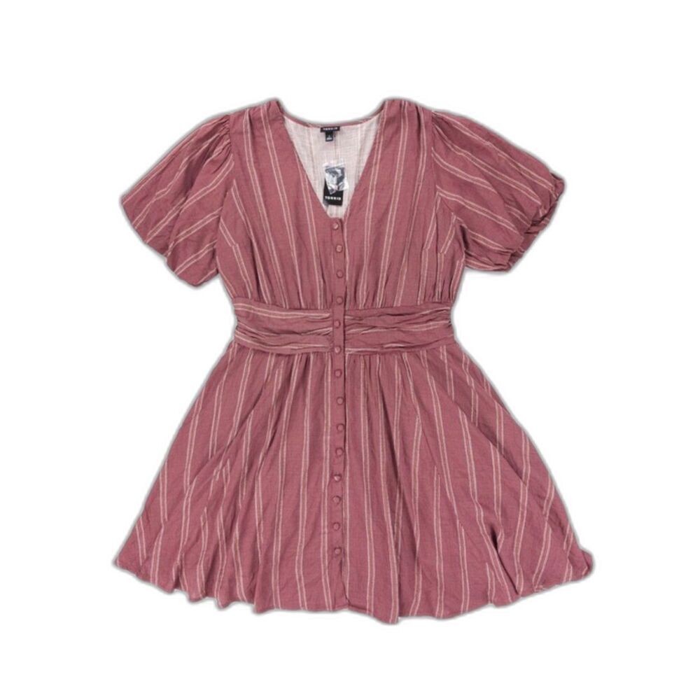 NWT Torrid Bubble-Sleeve Button-Up Mini Dress Striped Cottagecore Beachy Boho 1X